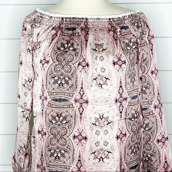 ASOS Border Print Satin Off Shoulder Top Pink Size Small - Picture 3 of 10